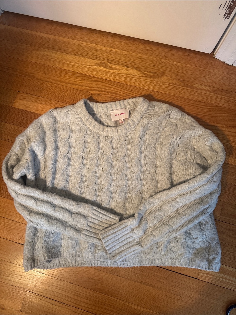 Pink Rose Light Blue Cable Knit Crewneck Sweater
